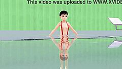 Leo Anime Girl Swims In Small Micro Bikini With Nip Slip