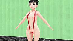 Leo Anime Girl Swims In Small Micro Bikini With Nip Slip