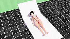 Leo Anime Girl Swims In Small Micro Bikini With Nip Slip