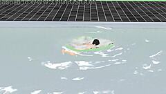 Leo Anime Girl Swims In Small Micro Bikini With Nip Slip