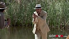 Blonde milf in cowboy role-play gets facial during outdoor orgy