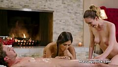 A three woman massage with oil and cock milking