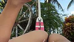 Luna Luxe's outdoor solo pleasure in pink bikini