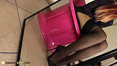 hey look at this redhead removing her stockings to show red toenails