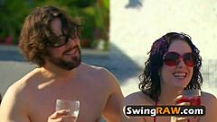 A hot brunette gets some fun in the sun at a pool party and gets a bit more than she bargained for.