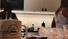 Damn! Young wife washes dishes as voyeur cam catches tight thong