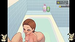 Hentai girl gives blowjob in countryside bathroom shower