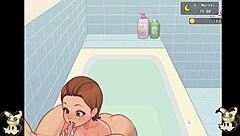 Hentai girl gives blowjob in countryside bathroom shower