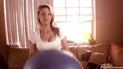 Blue-eyed blonde teen Hope Harper on white shaft on exercise balls