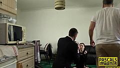 Skinny BDSM submissive gets rough and deepthroats while bound