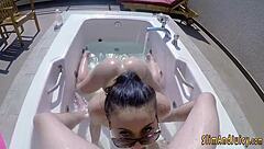 big booty teen babe gives handjob and blowjob before riding hard with her bubble butt.