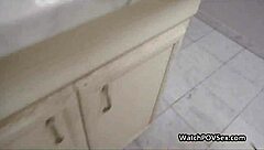 hey, doublehead dildo fucking in a public restroom with strapon action 😏