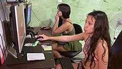 Stepsister and I intrigue teacher with blowjob for big black cock, latina bbw tits