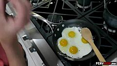 Cooking breakfast, stepmom deepthroated my hard cock in the kitchen