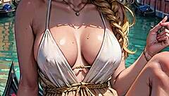 A blonde woman in Venice exposes her genitals using AI-generated content.