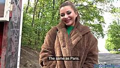 Busty European babe pulled up in reverse cowgirl after giving a public blowjob
