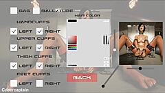 3d metal bondage fetish game with bound mature in outfit.