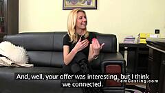 A blonde with small bosom performs a blow job on a agent with big breast in an office setting.