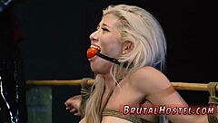 Big-breasted light-haired sweetheart endures bondage horse and double anal