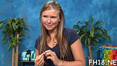 Hot 18+ girl gets oiled and fucked hard by masseuse with shaved pussy.