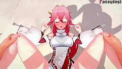 Yae Miko in hardcore 3D anime hentai from Genshin Impact with Ahegao and Netorare