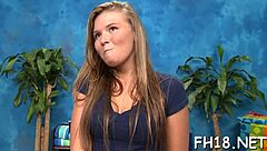 Hot 18+ girl gets oiled and fucked hard by masseuse with shaved pussy.