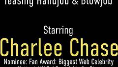 Married woman Charlee Chase enjoys sucking and stroking a dick with pleasure.