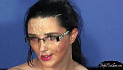 office chick is jizzed in the eye in group bj