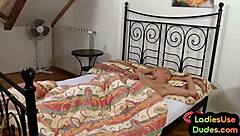 Bondage sissy endures strapon fucking by femdom cfnm babes in group