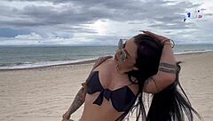 Hot brunette creampied on beach