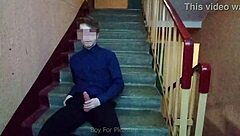 Young 18+ muscular guy jerks off on stairs after school publicly