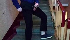 Young 18+ muscular guy jerks off on stairs after school publicly