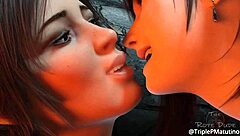 Animated 3D lesbian beauties engage in intense Yuri kissing scenes from hentai anime