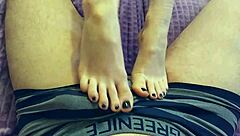 blonde wife caresses cock with feet