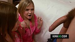 Sexy teen stepsisters Coco Lovelock and Mazy Myers blow their stepbrothers cock and let him fuck them in taboo threesome.