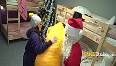 Christmas gift arrives with sucking and spanking in dorm threesome.