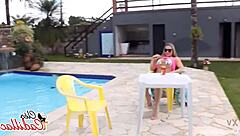 brazilian milf gets sticky with cum from muscular black pool boy's big cock