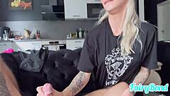 Her shaved pussy squirted all over the sofa with a monster cock