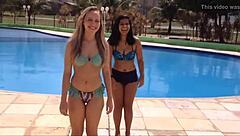 Besties dive into pool for yoga challenge and fun