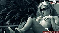 Busty blonde slut seduced by the pool for outdoor sex with monster cock