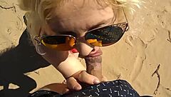 Beautiful blonde housewife gets a beach blowjob fetish fulfilled