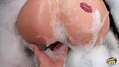 Deepthroating in the shower urges big booty blonde to anal and creampie