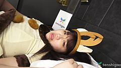 Asian wife Madoka Watanabe in bunny costume rides her lover