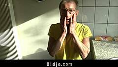 spoiled young 18+ babe fucks old man in kitchen