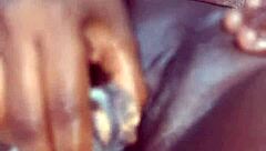 Ebony whore squirts during solo dildo masturbation