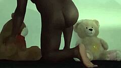 Furry threesome fun with brown and white toy bears