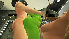 Close up of a double blowjob from curvy blondes to a space soldier after they are rescued from a perverted green goblin