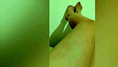 Oh wow, shy hottie with red pedicure shows sexy legs and gives footjob orgasm!