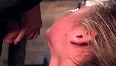 Bound blonde takes deep throat banging