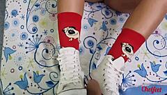 Girlfriend Seduces With Shoes And Red Socks For Footjob Cumshot